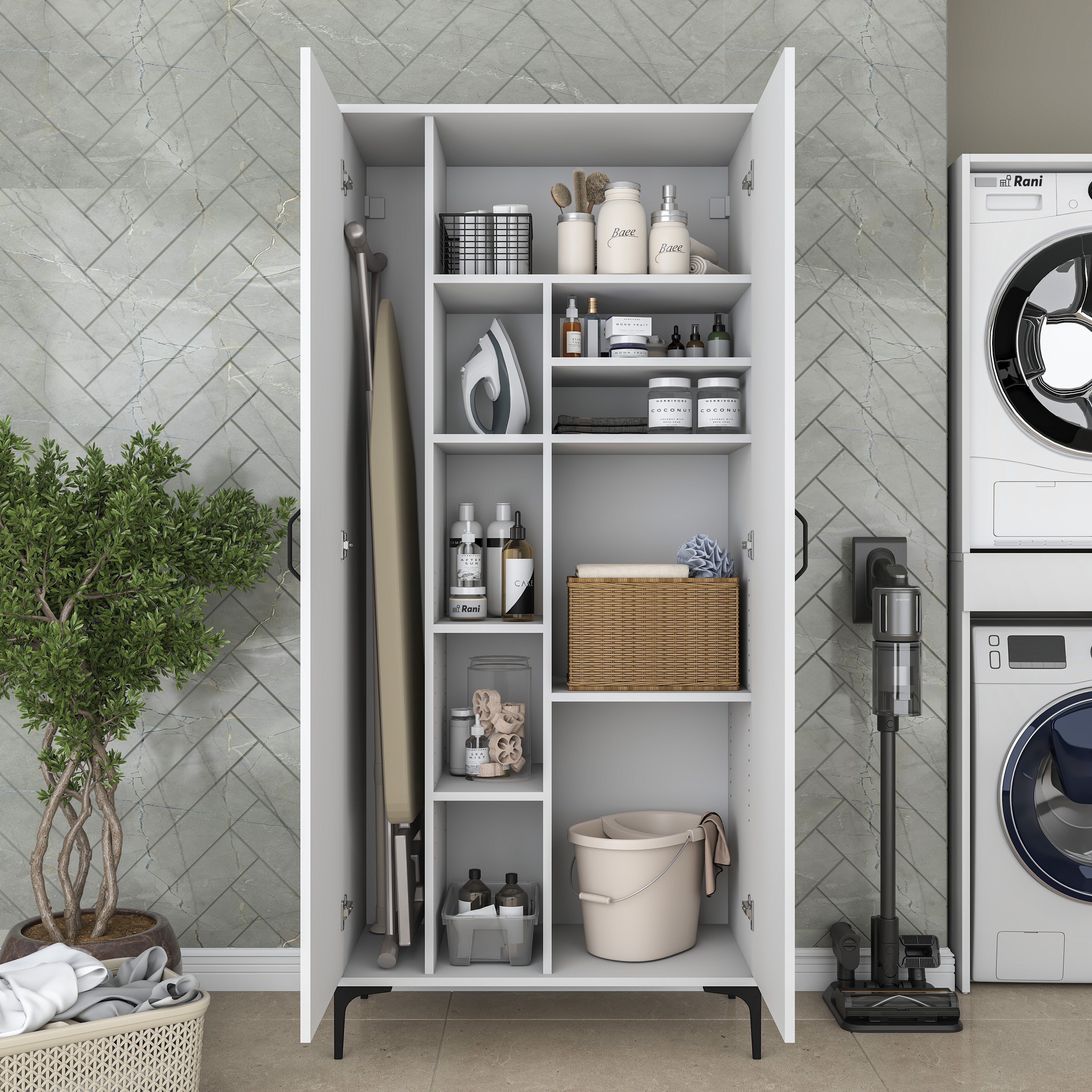 Rani KC103 Banyo Dolabı 2 Kapaklı 7 Raflı Çok Amaçlı Dolap Beyaz