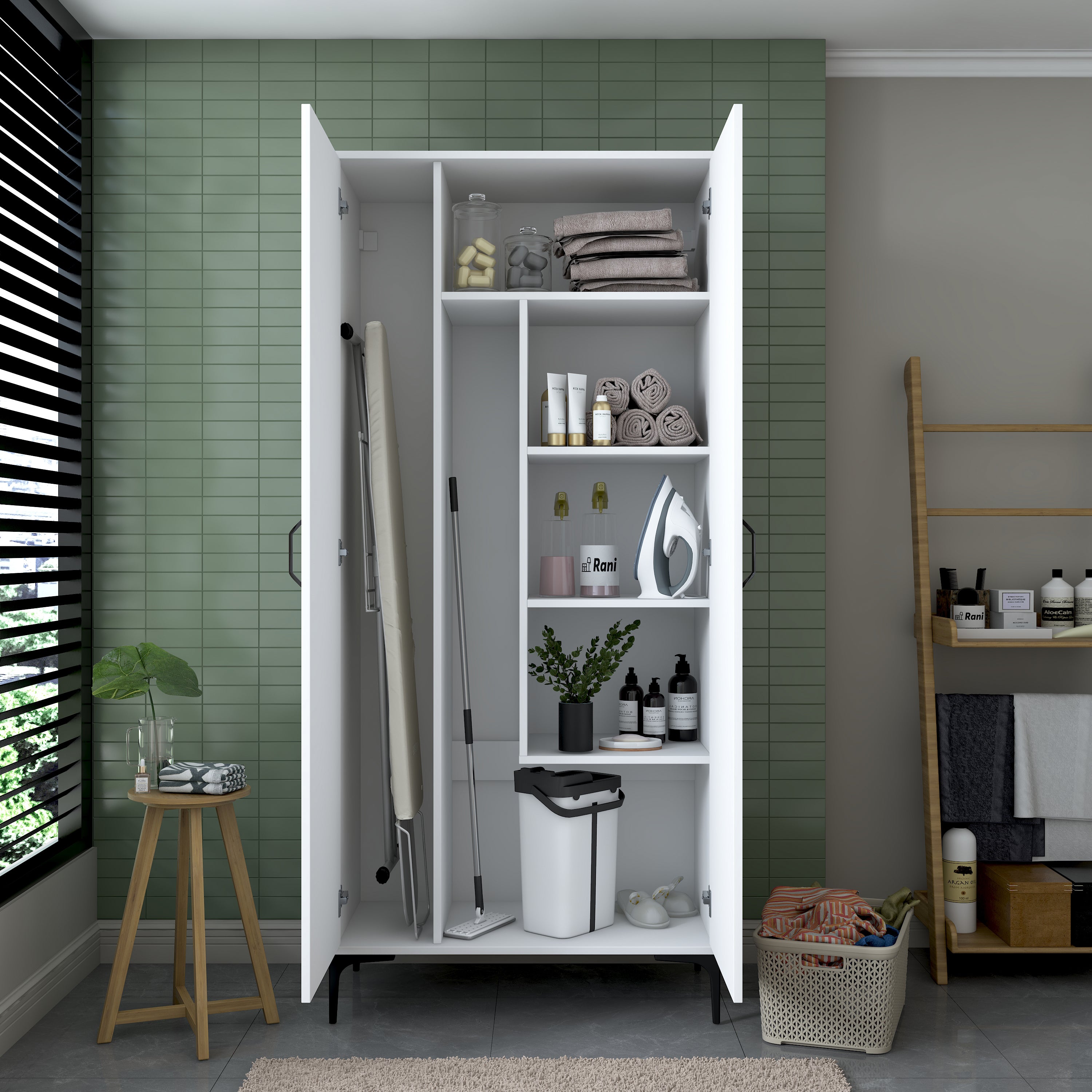 Rani KC104 Banyo Dolabı 2 Kapaklı 4 Raflı Çok Amaçlı Dolap Beyaz