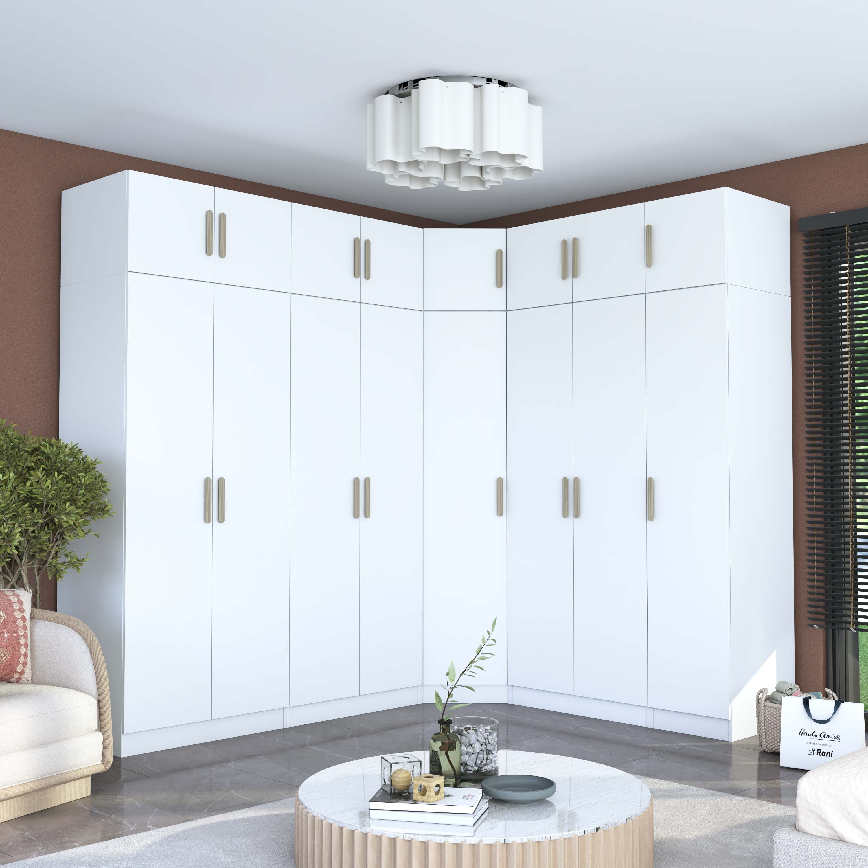 Rani BA214 Geniş Köşe Gardırop Elbise Dolabı 8 Kapaklı 2 Çekmeceli 23 Raflı 4 Askılı Modüler Dolap Beyaz